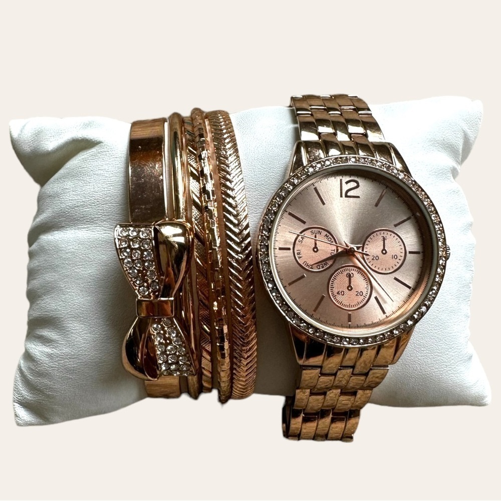 Rose gold watch and bangle bracelet set vintage made in Japan bow bling crystal  - Picture 4 of 6
